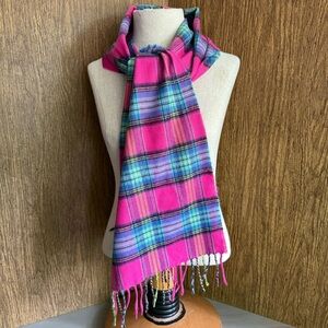 100% Cashmere Made In Germany Hot Pink Tartan Plaid Fringed Scarf Preppy Classic